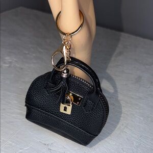 Black mini bagcharm with gold keychain or pouch /card holder pink inside